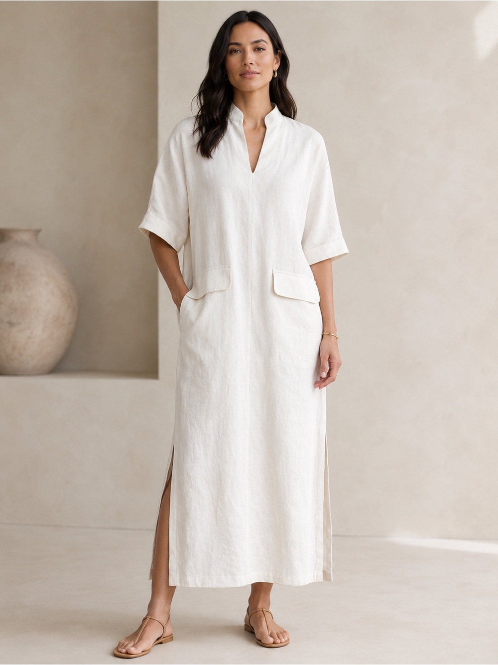 Soft Surroundings Kavala 100% Linen Maxi Dress Ivory Quiet Luxury Petite XS
